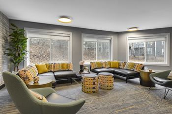 A living room with couches and chairs and windows